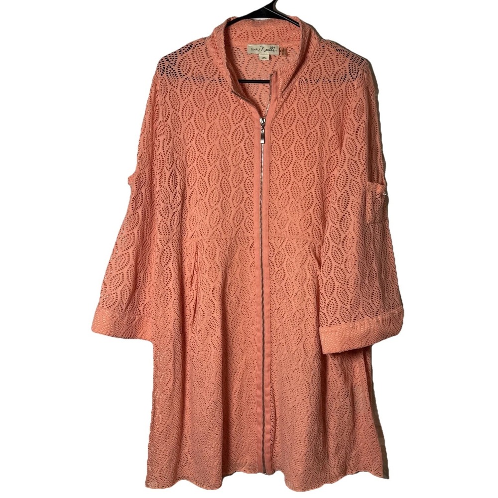 Simply Noelle XXL Coral Pink Lace Zip Front Tunic Jacket Cover Up 3/4 Sleeve